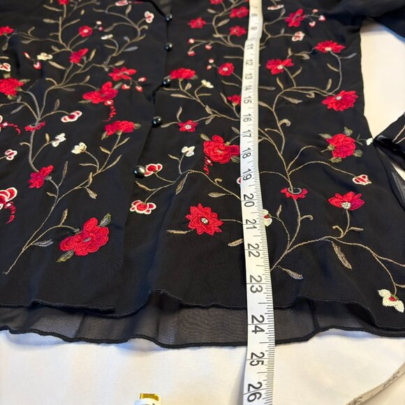 Karen Kane Black 100% Rayon Floral Embroidered Button Down Long Sleeve Blouse - Picture 7 of 10